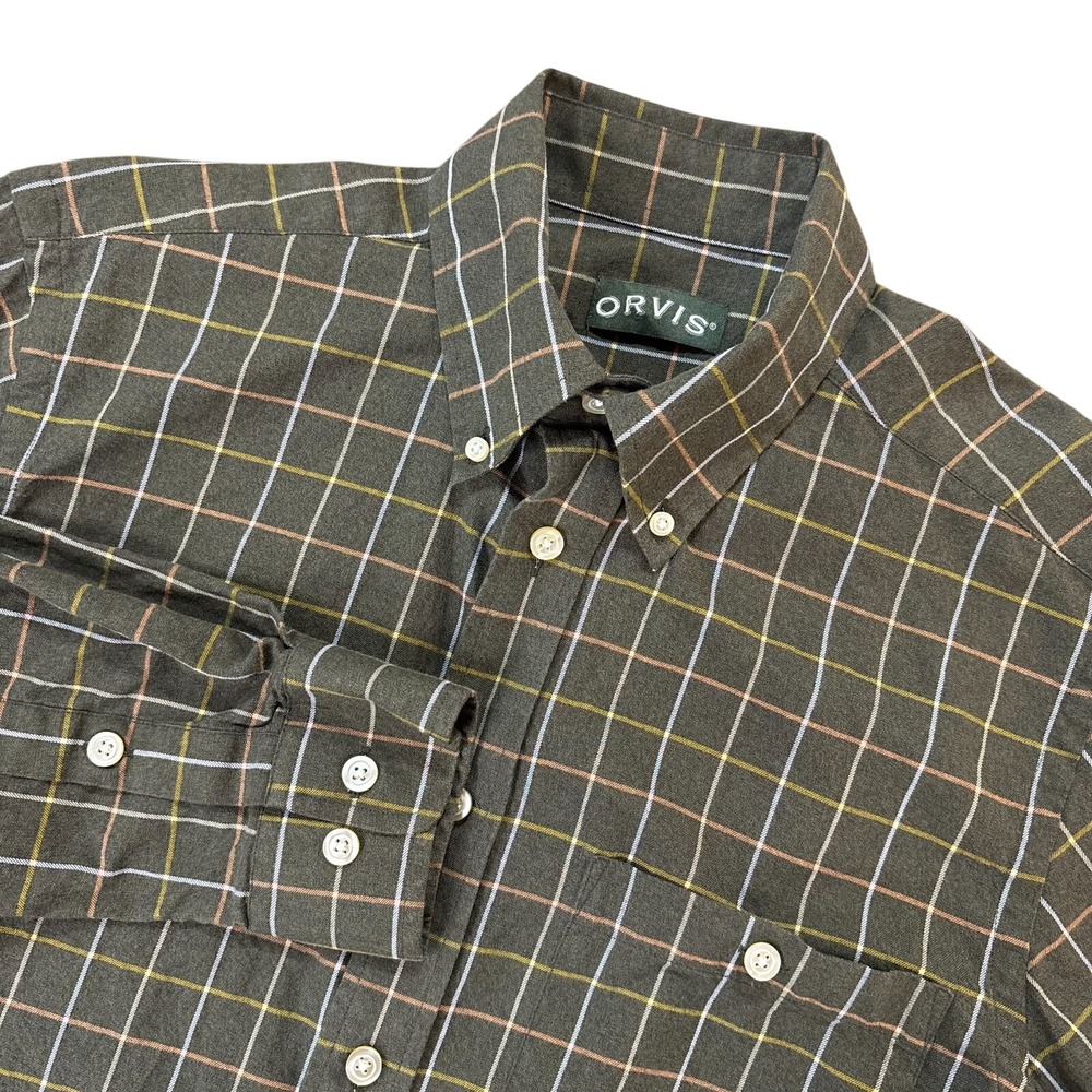 ORVIS Button Down Shirt Mens Medium Green Plaid Flannel Cotton‎ Long Sleeve